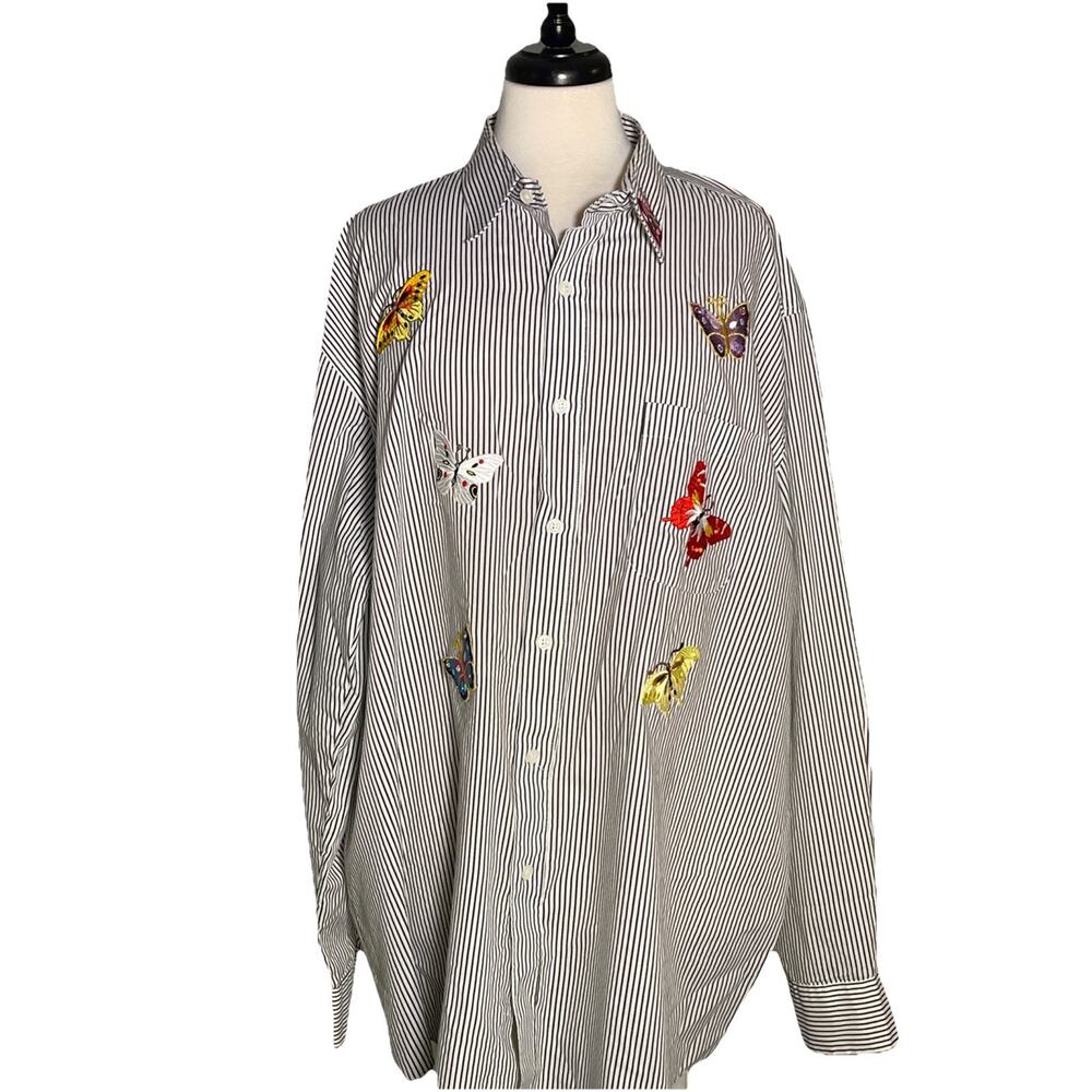Vintage Mili Designs Stripe Button Down Butterfly / Rhinestone Blouse 1X